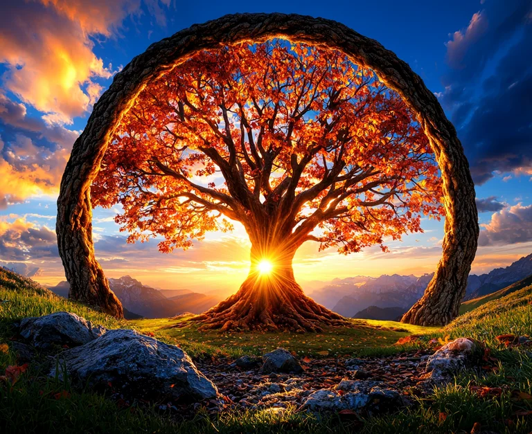 A majestic, ancient tree with vibrant orange leaves stands framed by