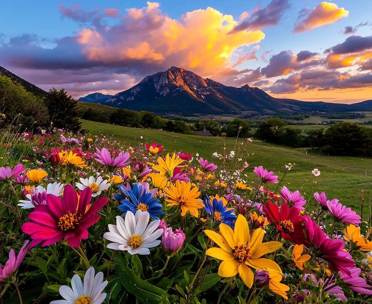 A vibrant field of wildflowers in full bloom is showcased in the
