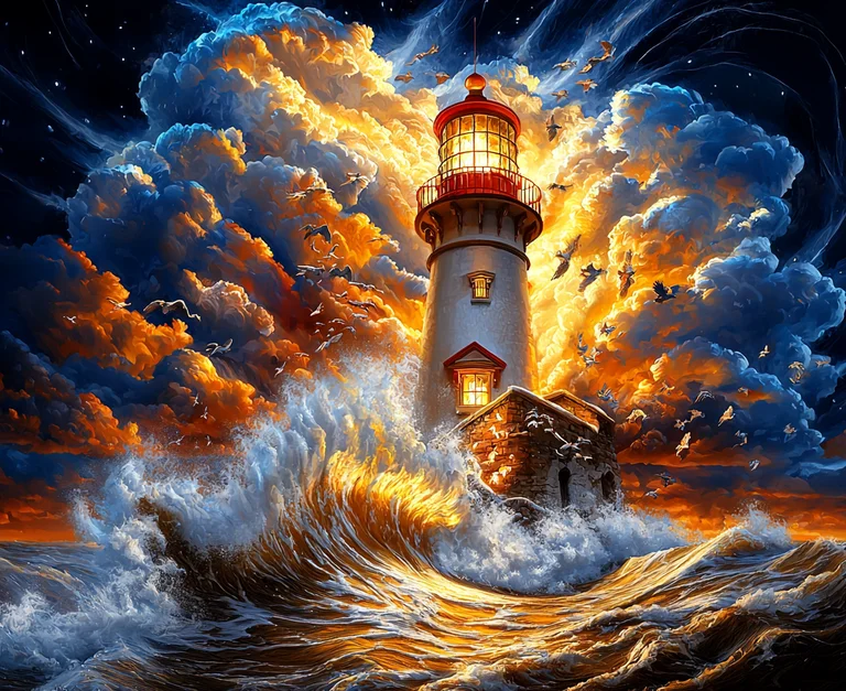 A dramatic lighthouse stands tall amidst a stormy sea, illuminated by