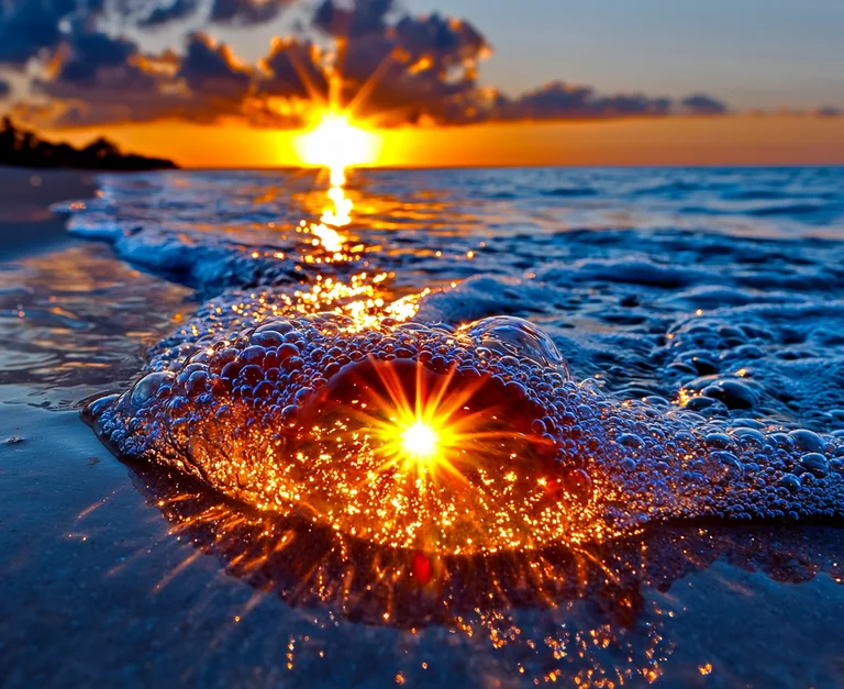A breathtaking sunset over the ocean, with the sun's rays piercing