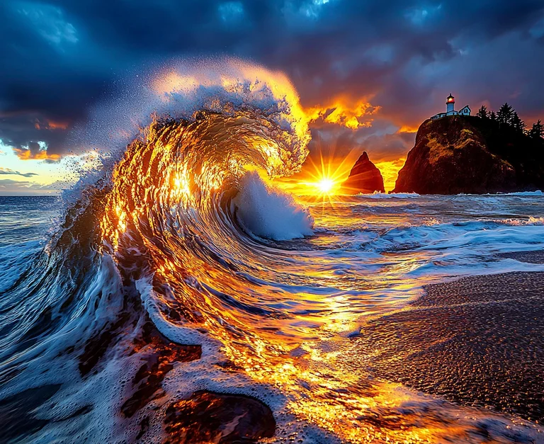 A dramatic ocean wave crashes on the shore during a vibrant sunset