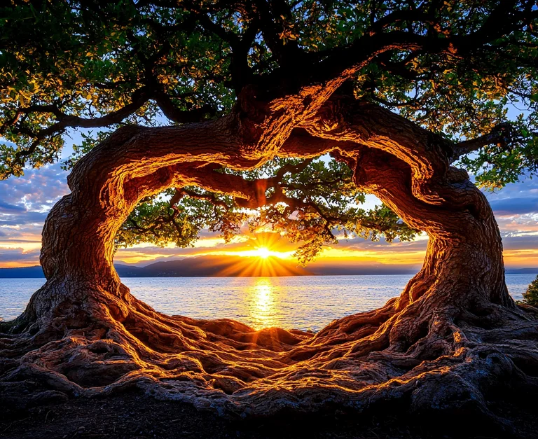 A majestic, ancient tree with branches forming a heart shape frames a
