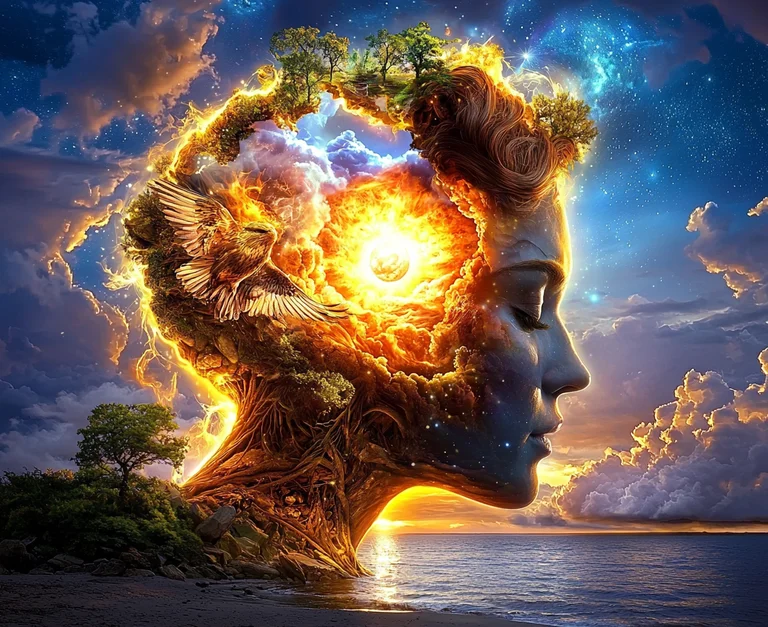 A profile of a woman's head is depicted, merging with a cosmic and