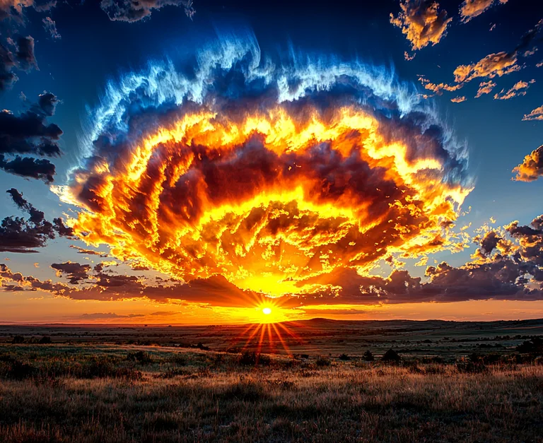 A dramatic sunset paints the sky with fiery clouds resembling an