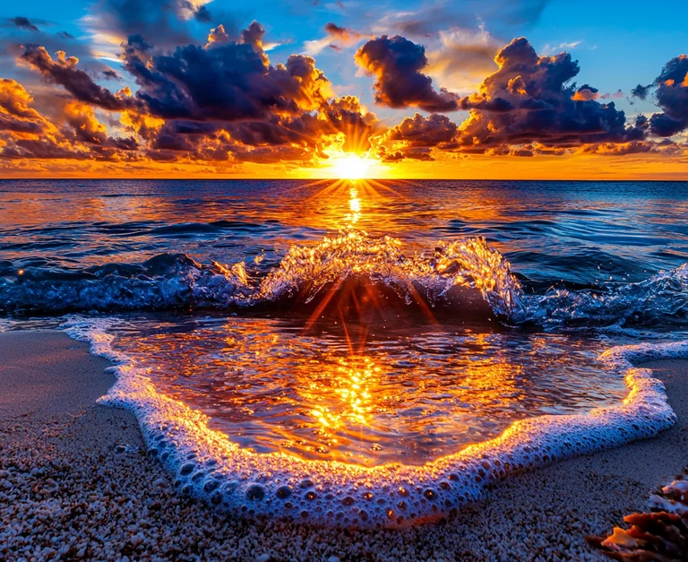 A breathtaking sunset over the ocean, with the sun's rays bursting