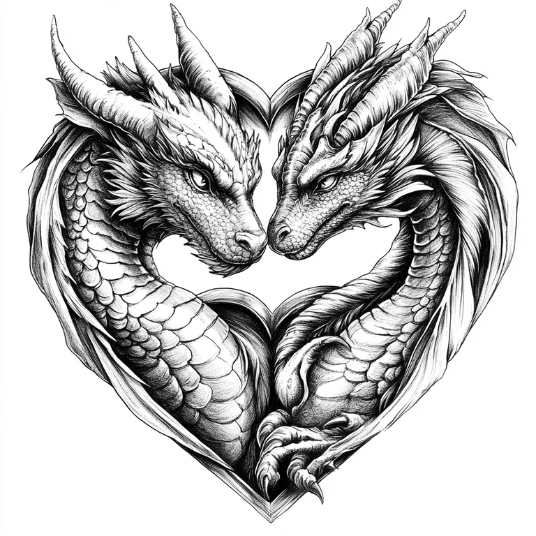 Two intricately detailed dragons are depicted in a close embrace,