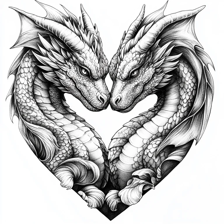 Two intricately detailed dragons are depicted in a close embrace,