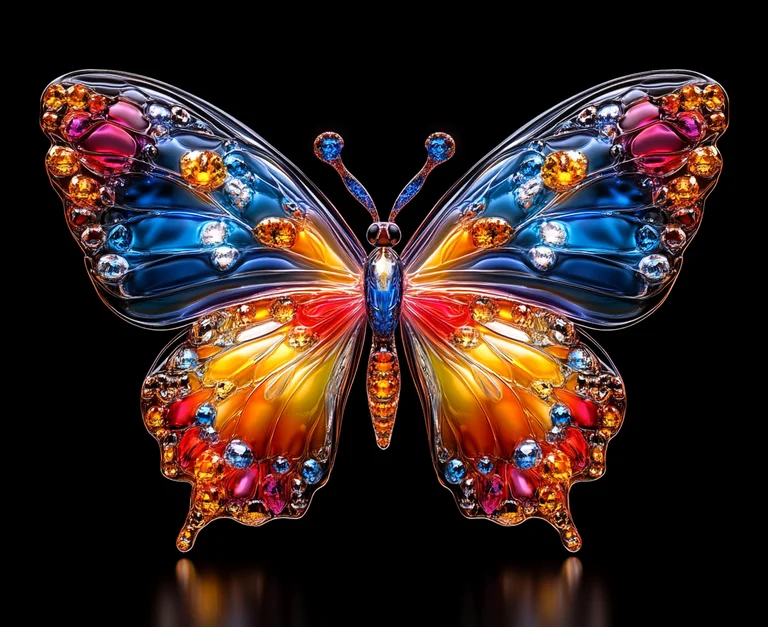 A stunningly detailed, jewel-encrusted butterfly is depicted against