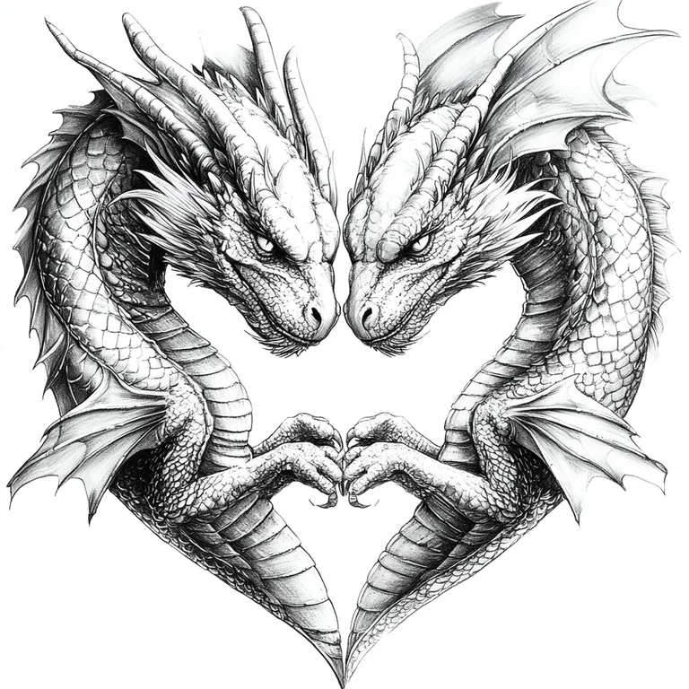 Two intricately detailed dragons are depicted, their bodies forming a