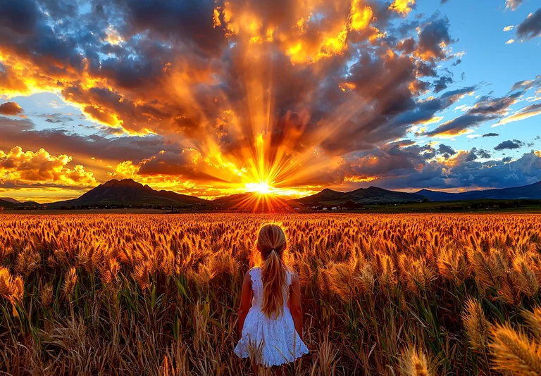 A young girl with blonde hair in a ponytail stands in a field of