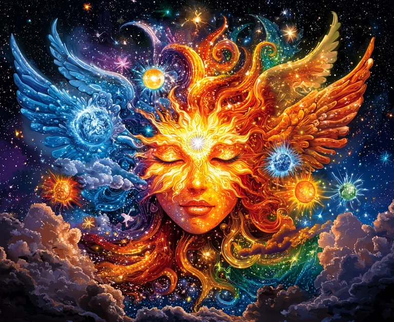 A celestial being with a face split between fiery sun-like energy and