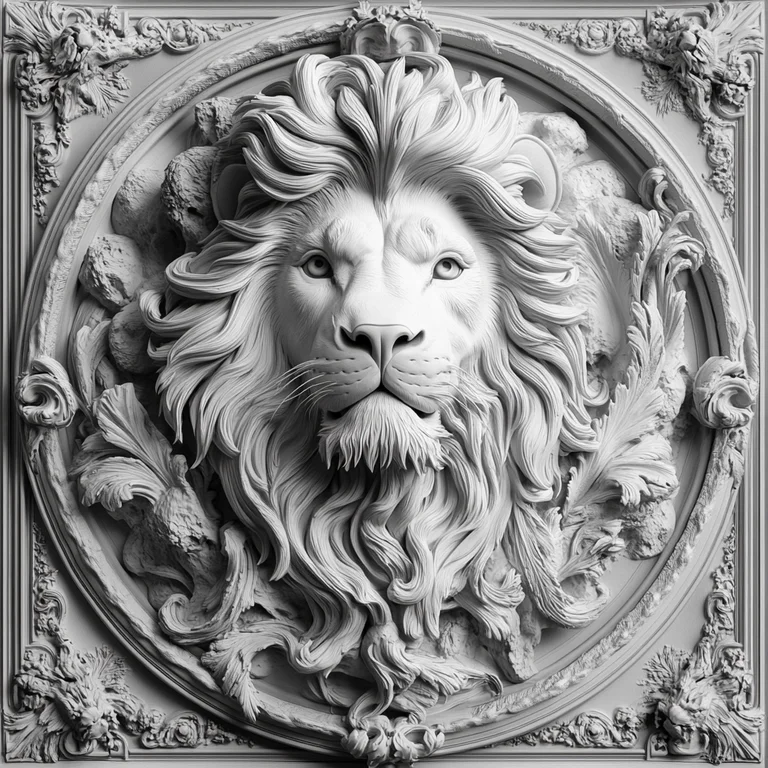 A highly detailed, monochromatic bas-relief sculpture of a majestic