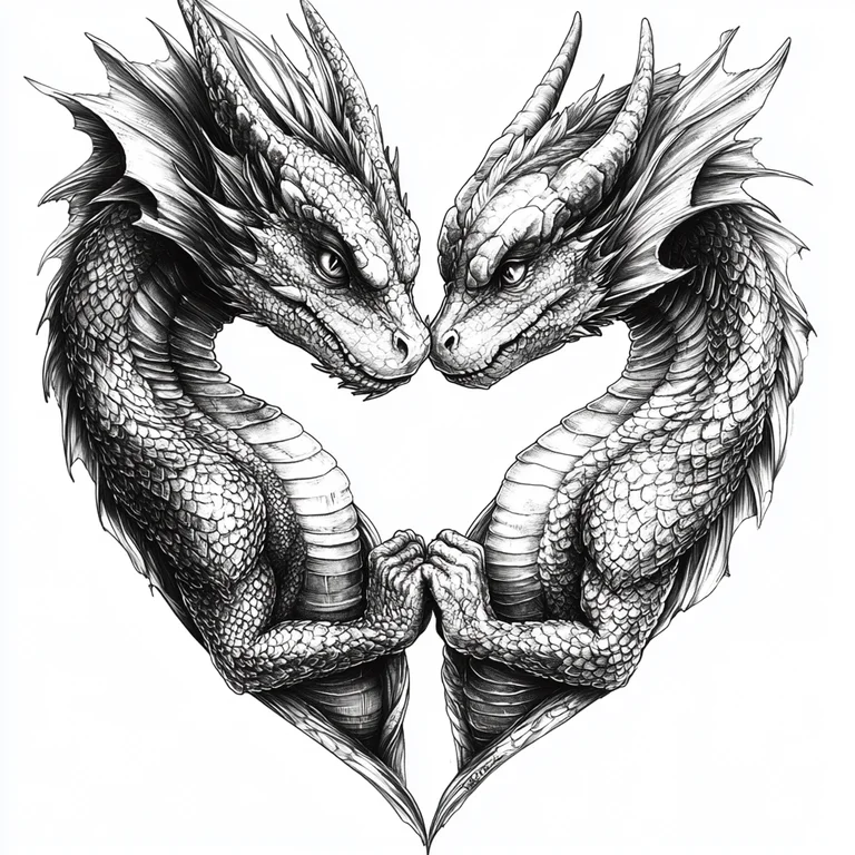 Two intricately detailed dragons are depicted in a close embrace,