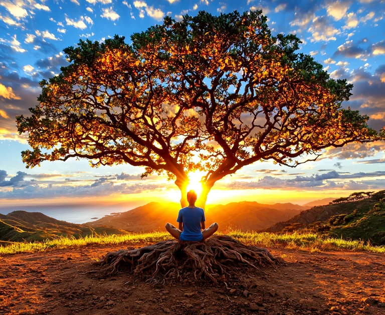 A person sits in a meditative pose at the base of a large, ancient