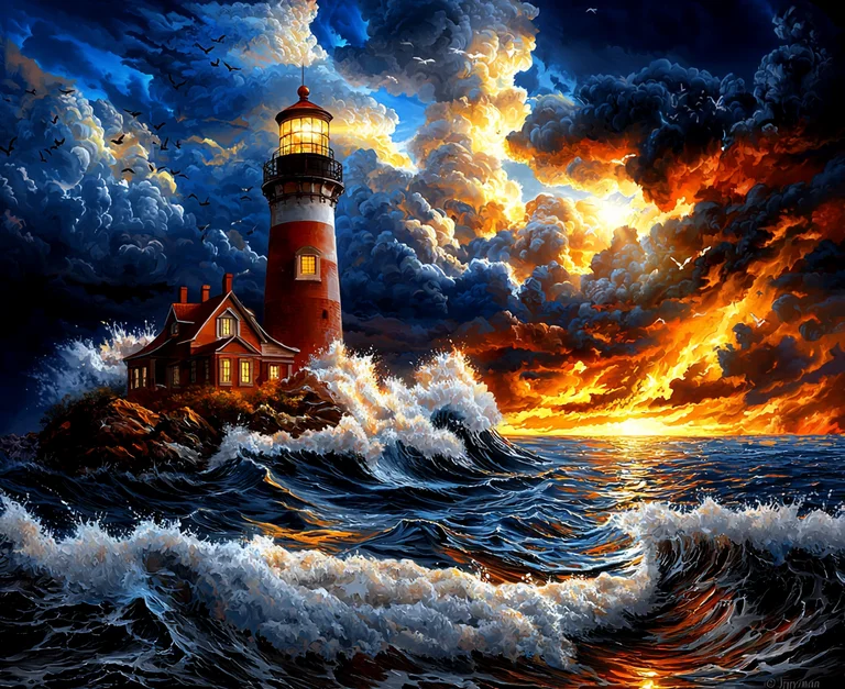 A dramatic lighthouse stands on a rocky outcrop, battered by powerful