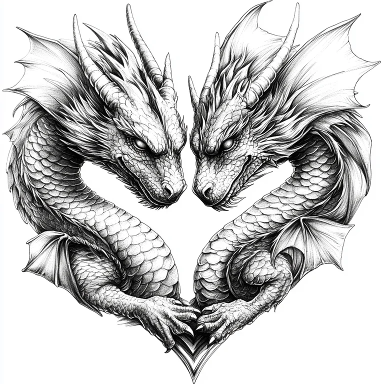 Two intricately detailed dragons are depicted, their bodies