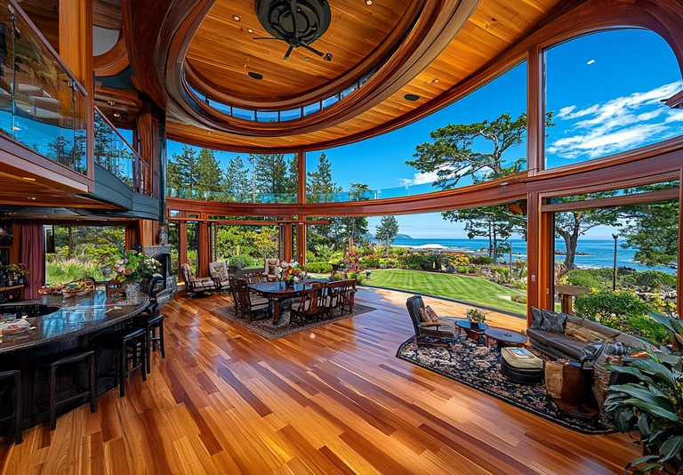 A luxurious, open-plan living space with a stunning ocean view