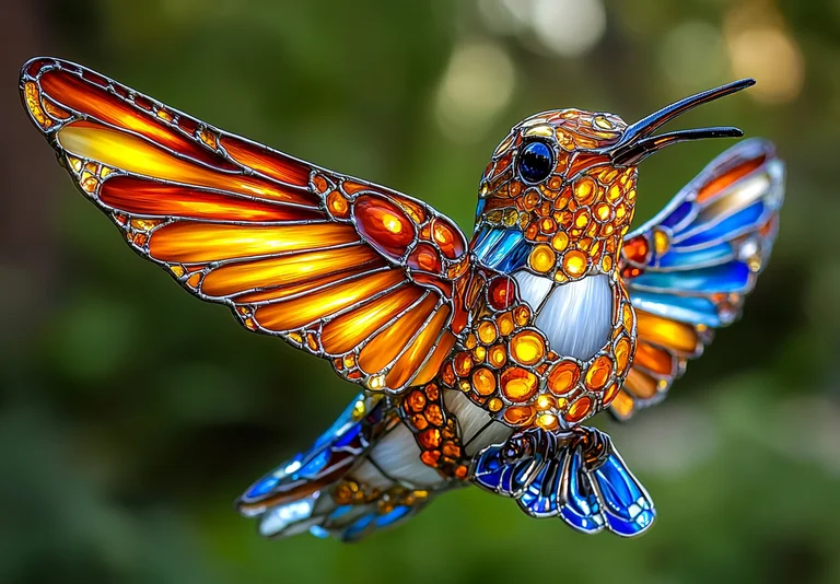 A hummingbird crafted from stained glass hovers mid-air