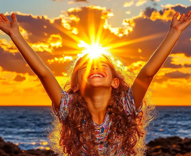 A young girl with long, curly hair is captured in a moment of pure