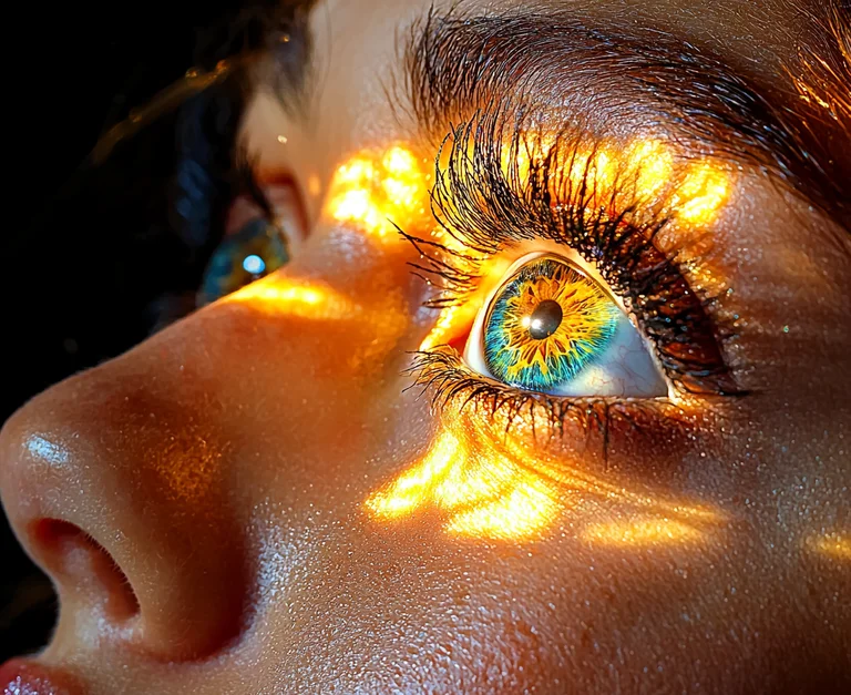 A close-up extreme macro shot focuses on a human eye, with sunlight