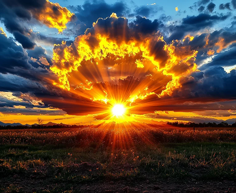 A dramatic sunset paints the sky with vibrant hues of orange, yellow,