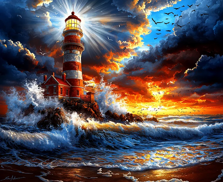 A dramatic lighthouse stands tall on a rocky outcrop, battered by