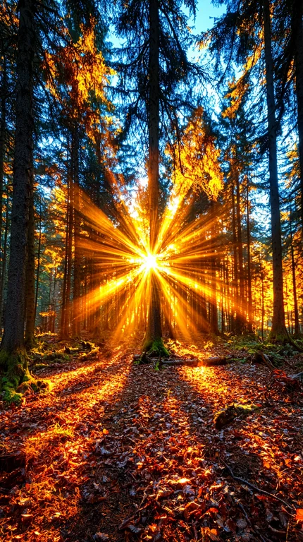 Sunbeams dramatically burst through the canopy of a dense forest,