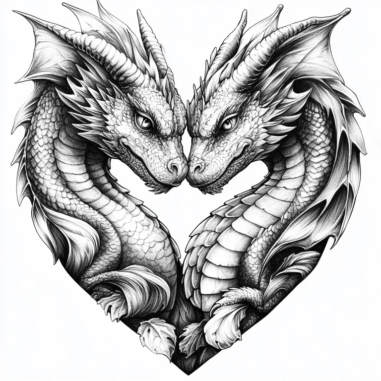 Two dragons are depicted in a close embrace, their heads touching and