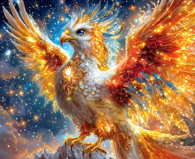 A majestic phoenix with radiant golden and fiery plumage is depicted