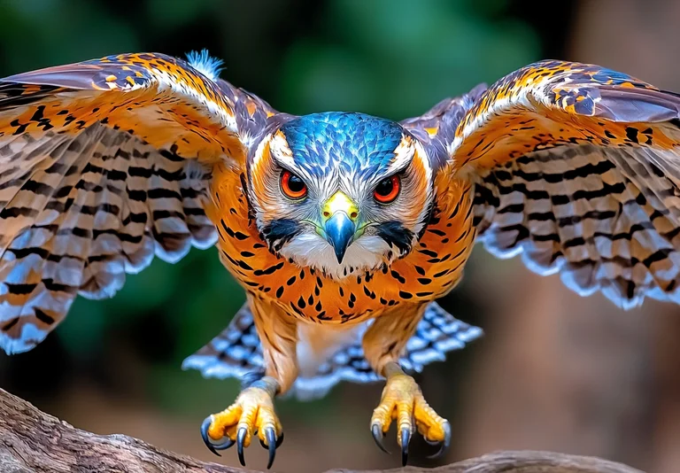 A striking bird of prey, possibly a falcon or hawk, is captured