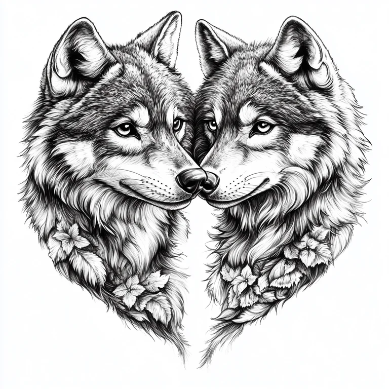 Two wolves are depicted in a close-up, facing each other with their