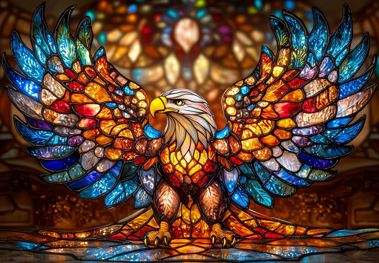 A majestic eagle rendered in stained glass, with its wings spread wide