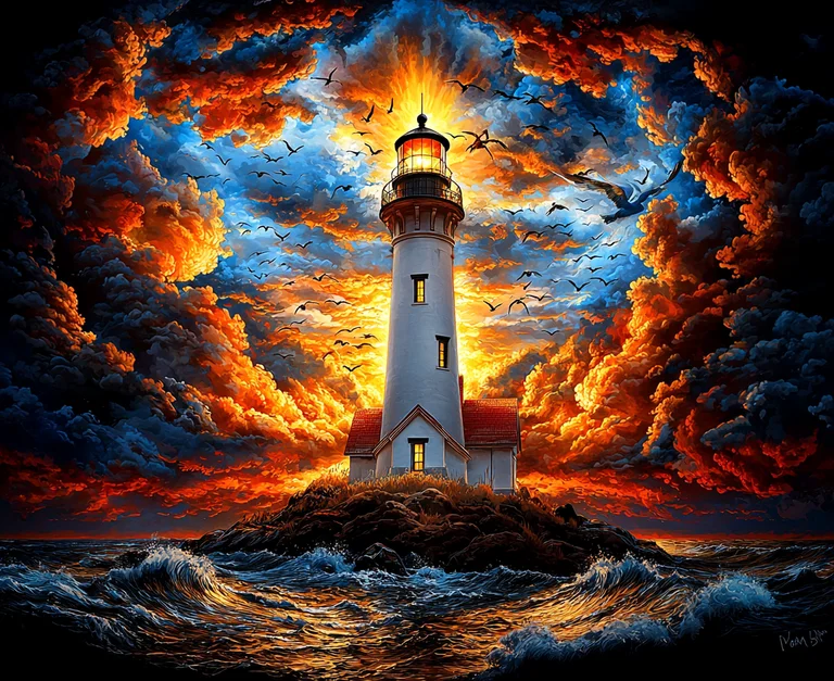A dramatic lighthouse stands tall on a rocky island, bathed in the