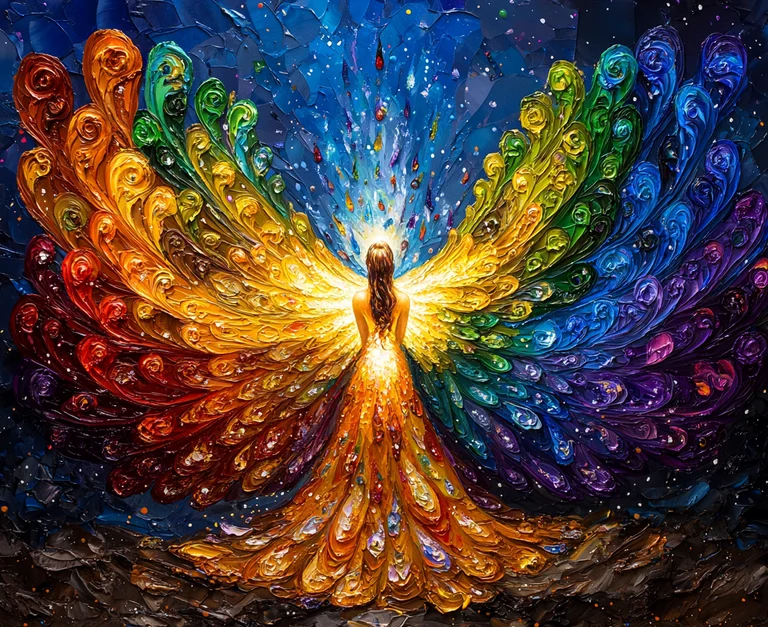 A woman with long brown hair stands with her back to the viewer,