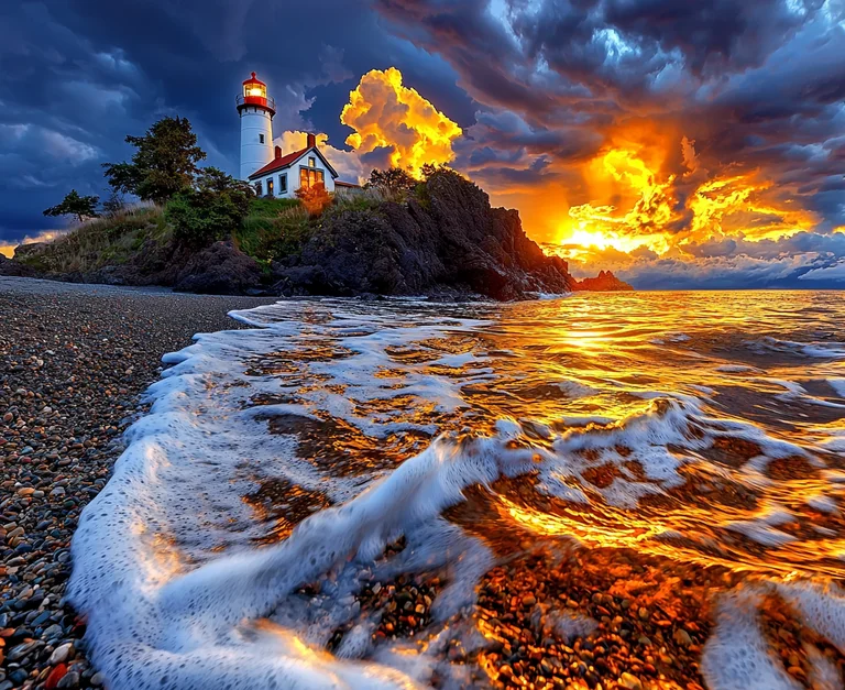 A dramatic sunset over a rocky coastline with a lighthouse perched on
