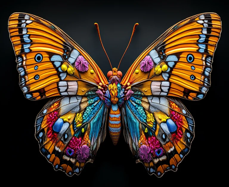 A highly detailed, vibrant butterfly is showcased against a stark