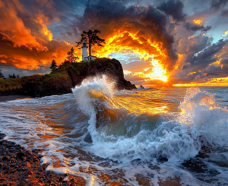 A dramatic sunset over a rocky coastline with a lighthouse perched on