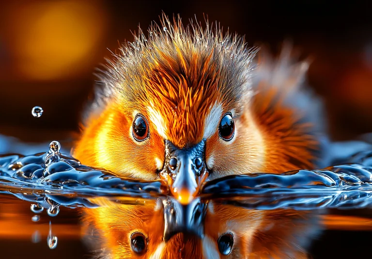 A close-up, photorealistic image captures a fluffy duckling emerging