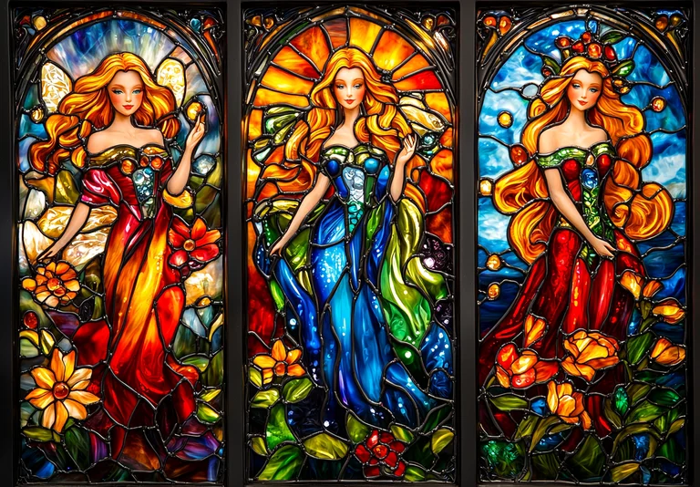 Three stained glass panels depict ethereal women with flowing blonde