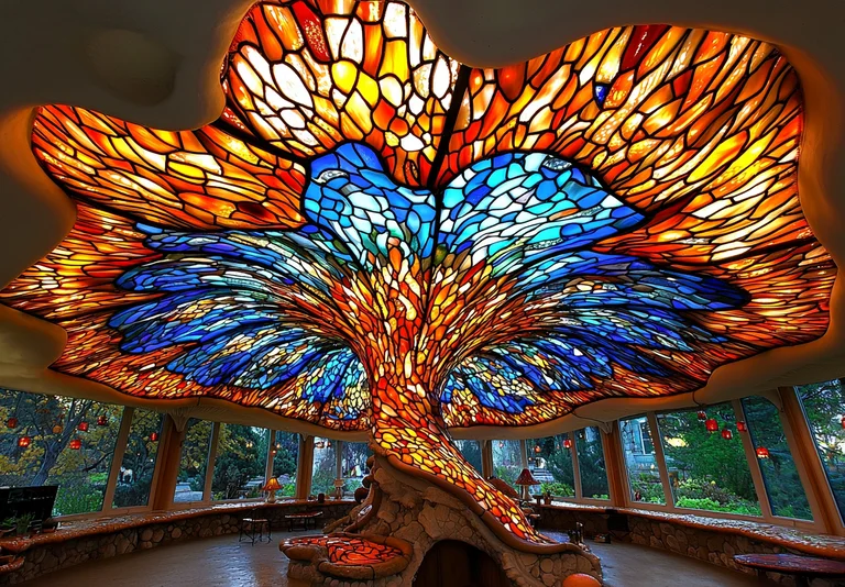 A stunning interior space featuring a large, tree-like stained glass