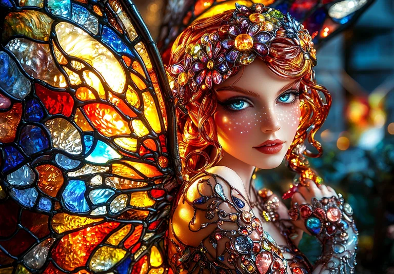 A stunningly detailed portrait of a fairy with vibrant, stained-glass