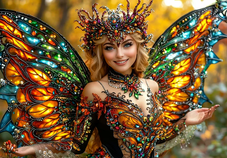 A stunningly detailed fairy with intricate butterfly wings and a