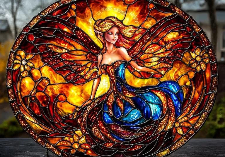 A beautiful fairy with butterfly-like wings is depicted in a stained