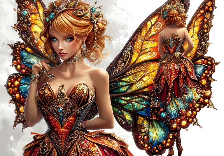 A stunningly detailed fairy with intricate butterfly wings and ornate