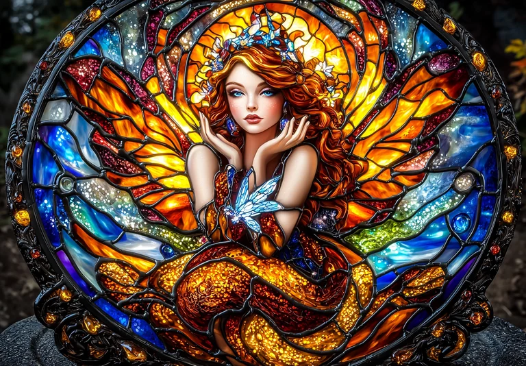 A beautiful woman with fiery red hair and blue eyes is depicted