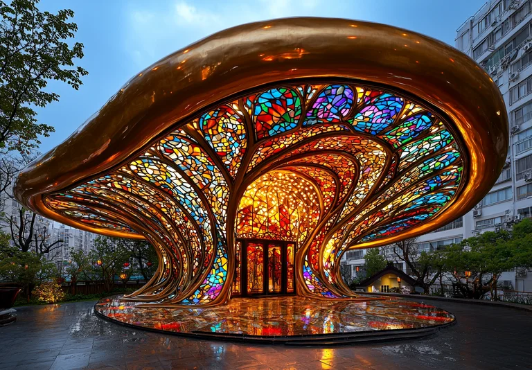 A striking, organic-shaped pavilion with a golden, curved roof