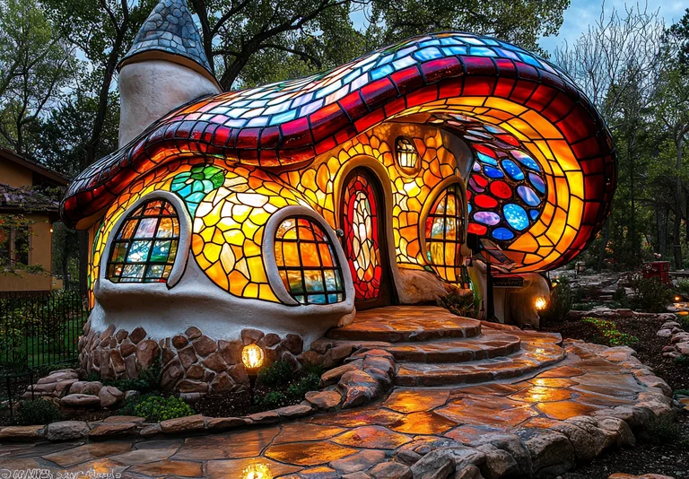 A whimsical, mushroom-shaped house illuminated by vibrant
