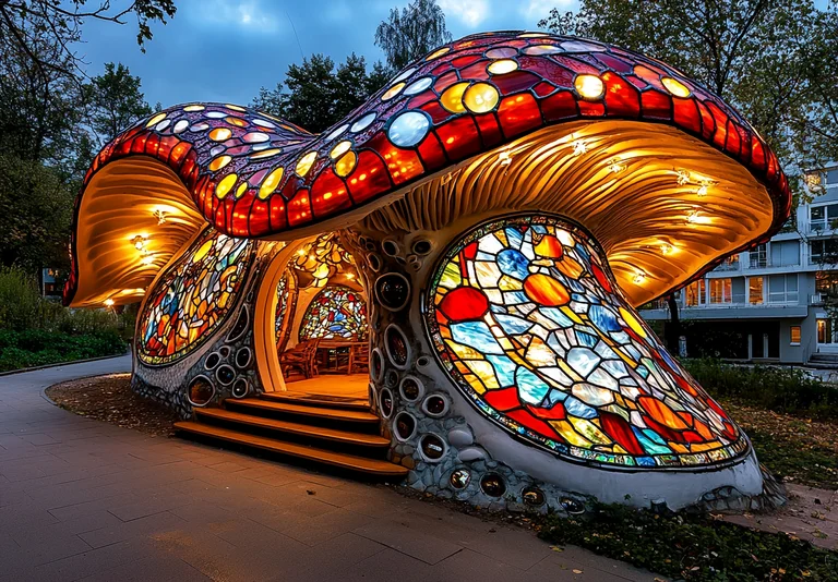 A whimsical mushroom-shaped building with stained glass windows glows