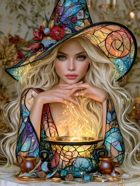 A beautiful blonde witch with striking blue eyes gazes directly at