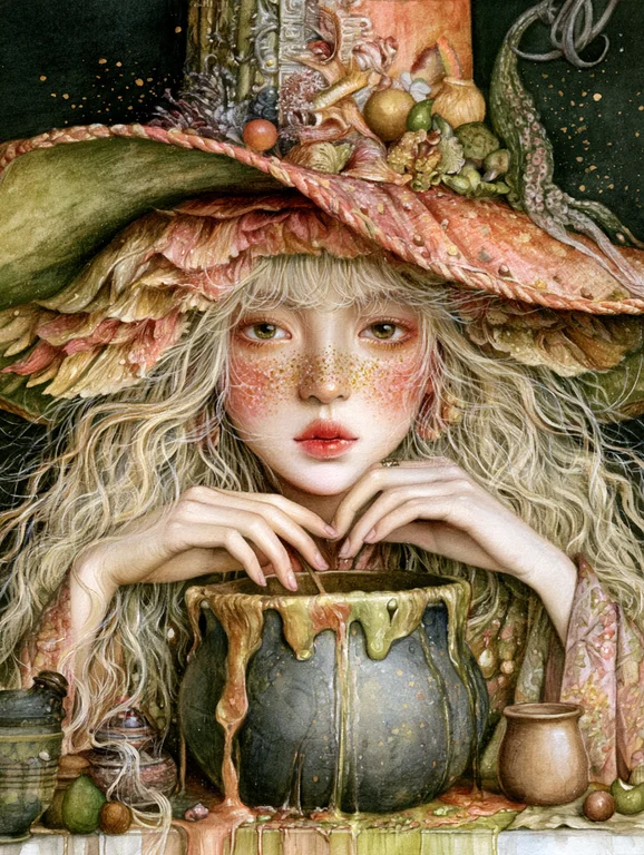 A young witch with long, wavy blonde hair and freckles is peering